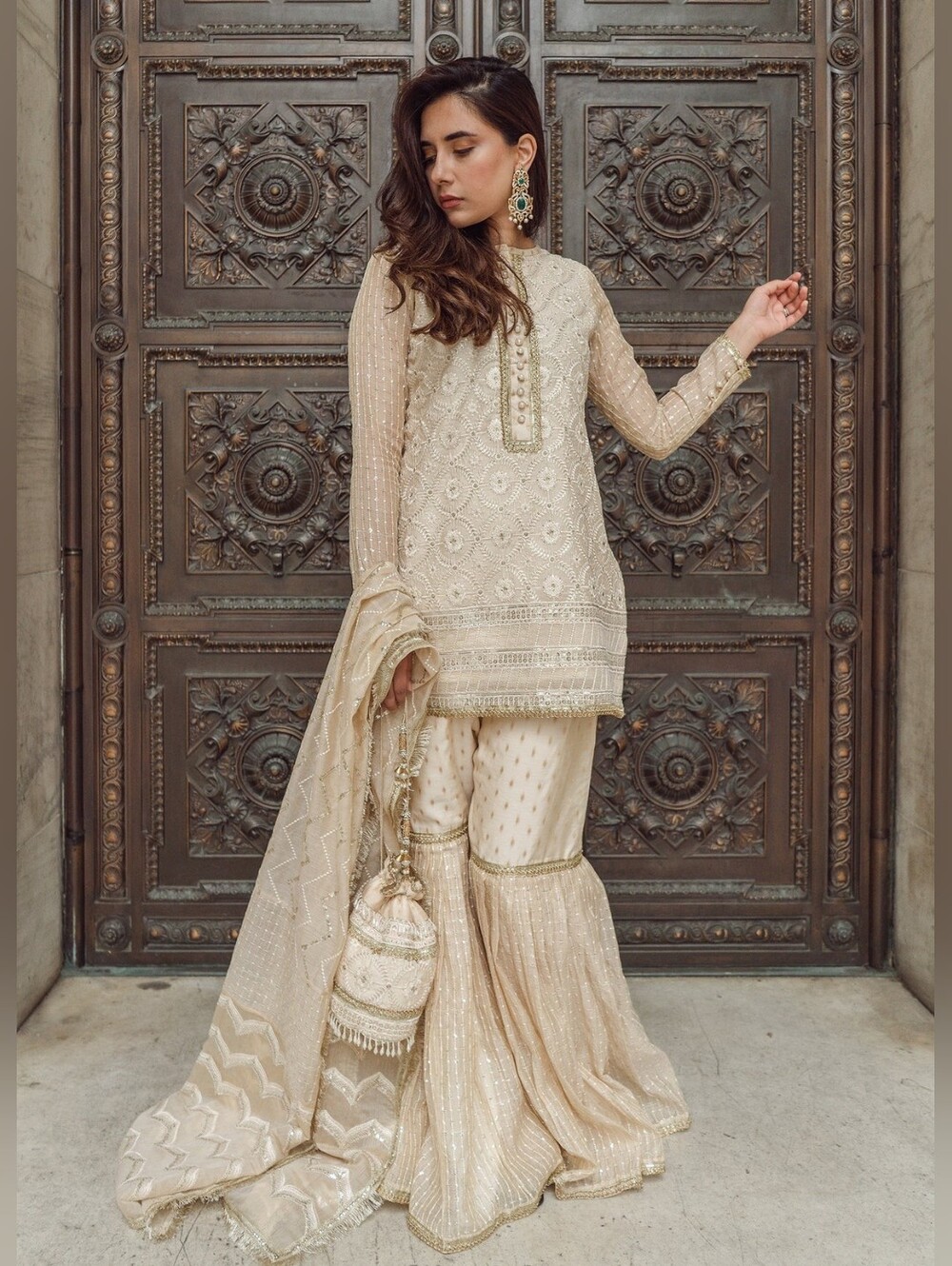 Ayla Noor 3 PC Stitched Cotton Cream Ecru Gold Gharara Suit w Dupatta Potli S/M